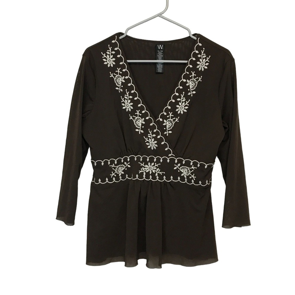 Worthington Brown Mesh Floral Embroidered V-Neck 3/4 Sleeve Blouse XL